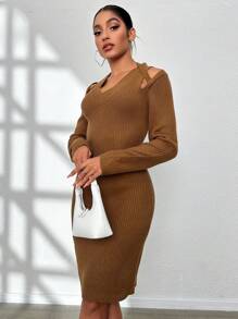 Chiquease Vestido de punto con abertura tejido de canalé - Camel - Ver 4