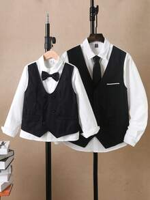 男大童1入組前蝴蝶結雙排釦二合一襯衫 - 黑色 - 查看 2