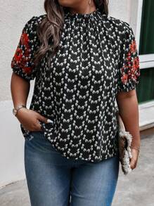 SHEIN LUNE Hơn In Toàn bộ Thêu hoa Cổ giả Ống tay áo Áo sơ mi - màu đen - Xem 1
