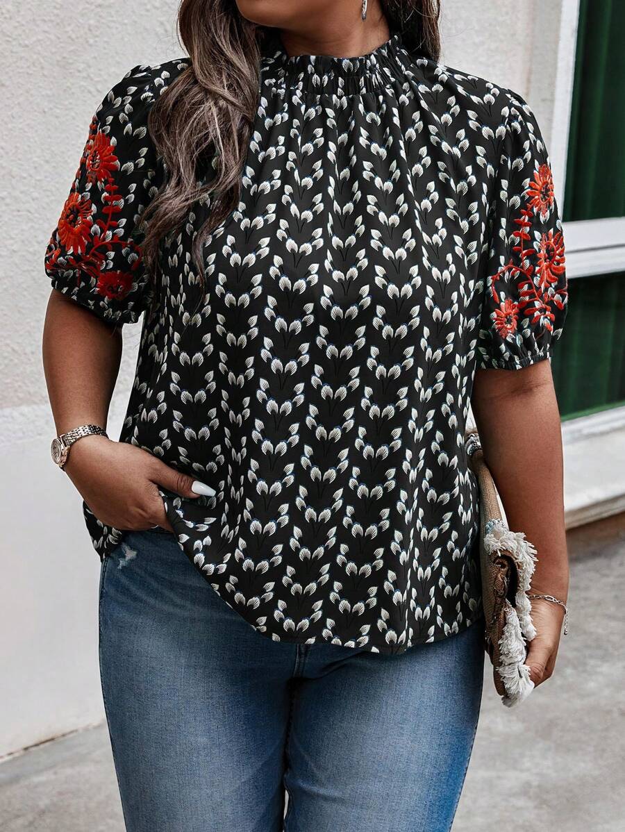 SHEIN LUNE Hơn In Toàn bộ Thêu hoa Cổ giả Ống tay áo Áo sơ mi - màu đen - Xem 1