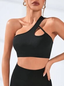 SHEIN Yoga Sxy 單肩鏤空短款運動型文胸 - 黑色 - 查看 1