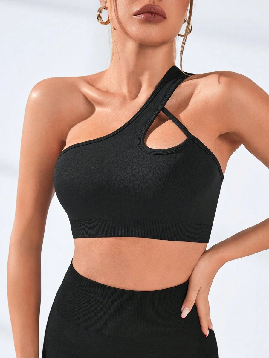 SHEIN Yoga Sxy 單肩鏤空短款運動型文胸 - 黑色 - 查看 1