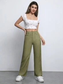 Muchica Solid Straight Leg Pants - Army Green - View 3