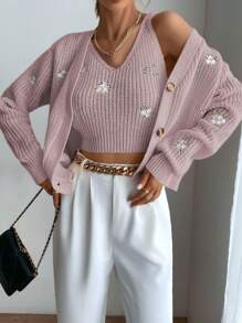 SHEIN Unity 花卉刺繡落肩袖開襟衫&針織上衣 - 藕粉色 - 查看 1