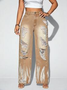 SHEIN SXY Graphic Print Ripped Wide Leg Jeans - Brown - View 4