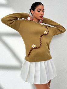 SHEIN Unity 貼花細節落肩袖套頭毛衣 - 卡其色 - 查看 6