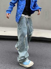 Manfinity Roghcode Men's Loose-Fit Lightning Print Wide-Leg Jeans, Baggy Jeans With Design, Graphic Baggy Jeans, Super Baggy Jeans, Lightning Print Jeans, Printed Jeans Men - Light Wash - View 4