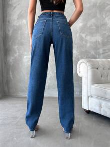 EURMUSE High Waist Straight Leg Jeans - Navy Blue - View 2
