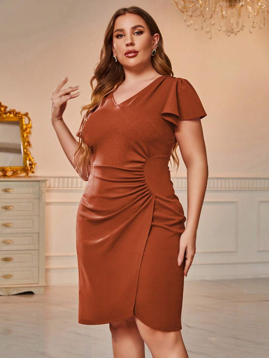 CurvySweet Talla grande Vestido de manga mariposa bajo cruzado fruncido lateral - Marrón - Ver 1