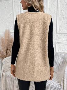 SHEIN LUNE Flap Pocket Button Front Teddy Vest Coat - Khaki - View 2