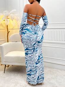 SHEIN Slayr Marble Print Lace Up Backless Off Shoulder Bodycon Dress - Blue - View 5