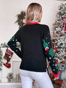 SHEIN LUNE 圣诞图案撞色滚边针织套头衫秋冬毛衣 - 彩色 - 查看 2