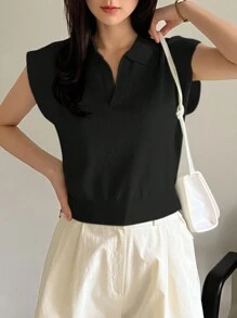 Dazy-Less Blusa de punto de manga corta y cuello redondo, ropa casual de oficina para mujer - Negro - Ver 5