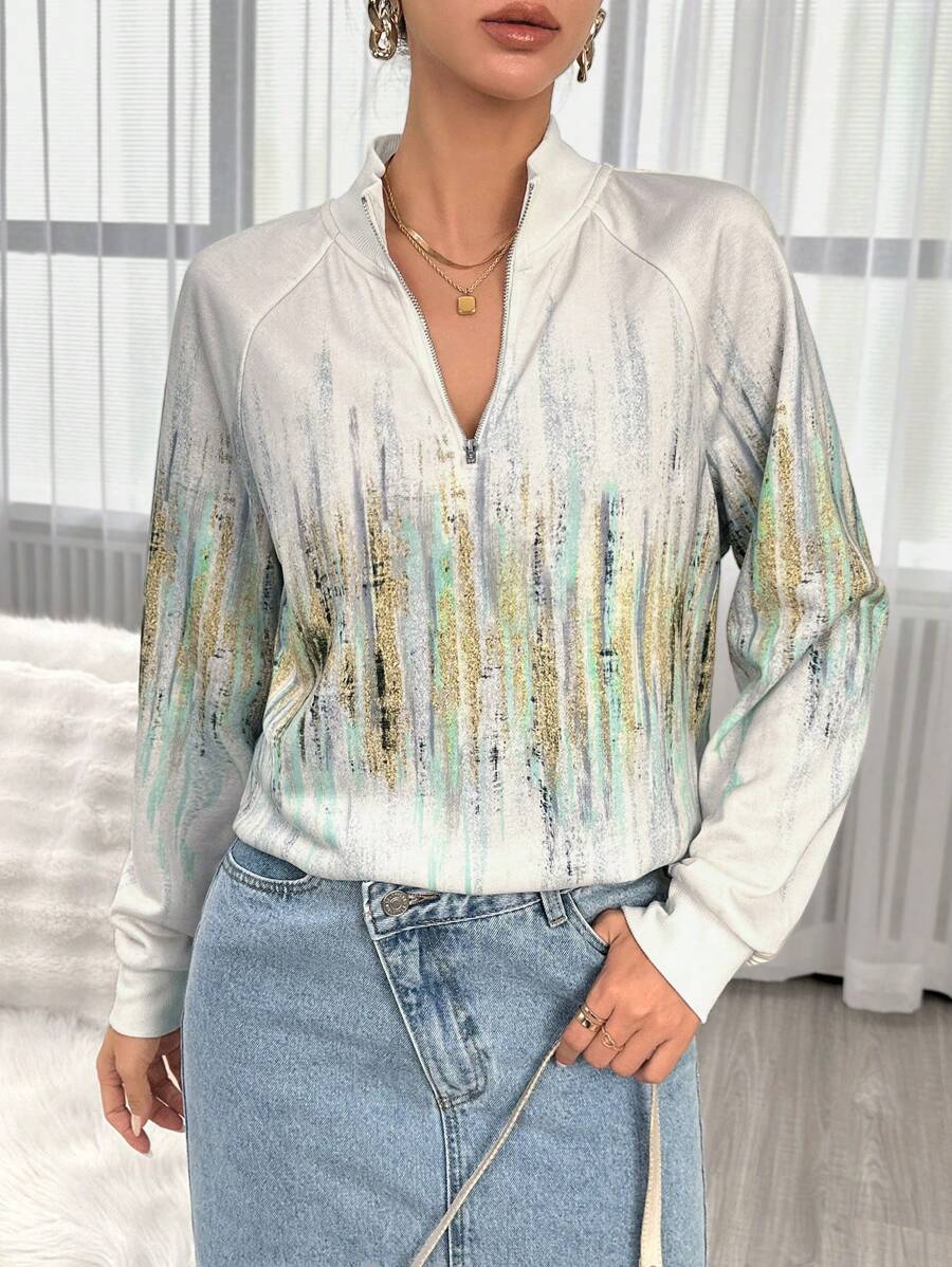 SHEIN Essnce Graphic Print Raglan Sleeve Zip Up Sweatshirt - White - View 1