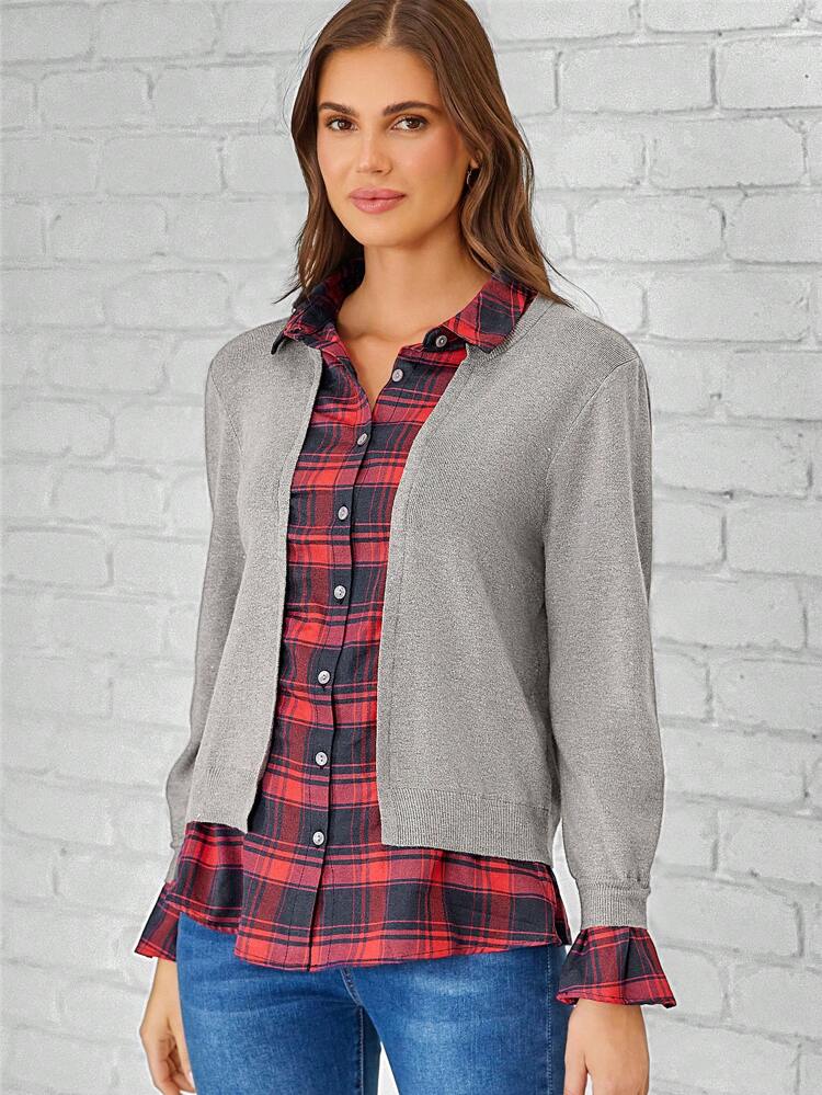 Plaid Panel Flounce Sleeve 2 In 1 Cardigan