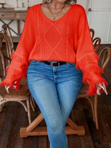 Calvaya 加绒流苏饰边落肩麻花针织套头衫秋冬毛衣 - 珊瑚橙 - 查看 5