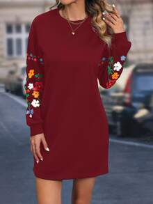 SHEIN LUNE Floral Print Drop Shoulder Sweatshirt Dress - Burgundy - View 6