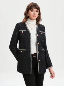 SHEIN BIZwear Contrast Trim Button Front Tweed Overcoat - Black - View 4