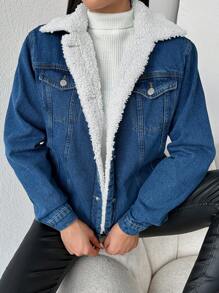 EURMUSE Túi có nắp Lót Teddy Áo khoác denim - Màu xanh lam - Xem 6