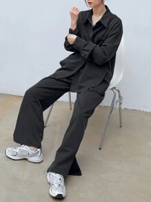 DAZY Solid Button Front Drop Shoulder Shirt & Split Hem Trousers - Black - View 5