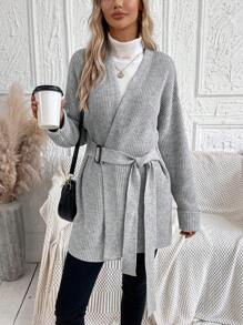 SHEIN LUNE 落肩休闲设计开衫 - 淺灰色 - 查看 4