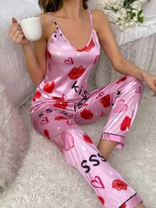 Snug Zone Heart & Letter Graphic Satin Cami Top & Pants PJ Set / Pajama Set - Pink - View 3