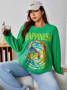 SHEIN EZwear 休閒字母大碼運動衫 - 綠色 - 查看 1