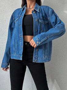 EURMUSE Flap Detail Drop Shoulder Denim Jacket - Blue - View 5