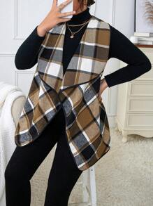 Calvaya Plus Plaid Print Waterfall Collar Vest Jacket - Multicolor - View 3