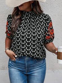 SHEIN LUNE Hơn In Toàn bộ Thêu hoa Cổ giả Ống tay áo Áo sơ mi - màu đen - Xem 3