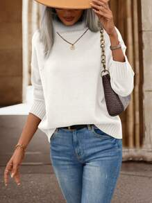 SHEIN LUNE Turtleneck Drop Shoulder Jumper - White - View 6