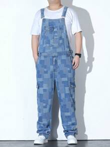 Manfinity Homme 男士大码色塊拼接圖案翻蓋口袋牛仔背帶褲不帶T恤 - 彩色 - 查看 4