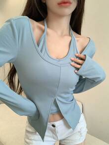 DAZY Solid Split Hem 2 In 1 Tee Long Sleeve Women - Blue - View 2