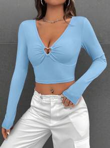 SHEIN EZwear 心环相连褶邊短款T恤