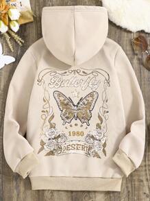 SHEIN Tween Girl Butterfly & Letter Graphic Sweatshirt - Khaki - View 1