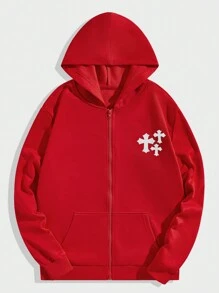 Manfinity 男士交叉圖案拉鏈開襟加絨內裏連帽衫 - 紅色 - 查看 1