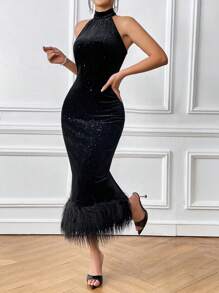 Allurite 毛绒下摆天鹅绒挂脖紧身连衣裙 女式长款服装 - 黑色 - 查看 3
