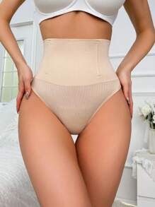 High Waisted Tummy Control Rib Knit Shapewear Thong For Women Comfortable Everyday Wear - Beige - View 7