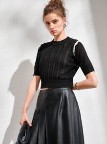 Anewsta Solid Pointelle Knit Top - Black - View 3