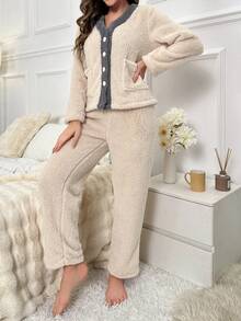 Viền tương phản Flannel Bộ giản dị - Màu be - Xem 4