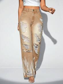 SHEIN SXY Graphic Print Ripped Wide Leg Jeans - Brown - View 6