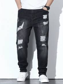 Manfinity Men Plus Ripped Frayed Cat Scratch Skinny Jeans - Black - View 4