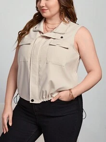 SHEIN Essnce Plus Flap Pocket Drawstring Hem Vest Jacket - Beige - View 3