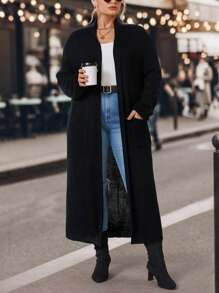 SHEIN LUNE 大码双口袋休闲设计开衫 - 黑色 - 查看 3