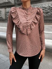 SHEIN Cottnline Blusa con estampado de lunares ribete con fruncido de cuello alto - Marrón Chocolate - Ver 3