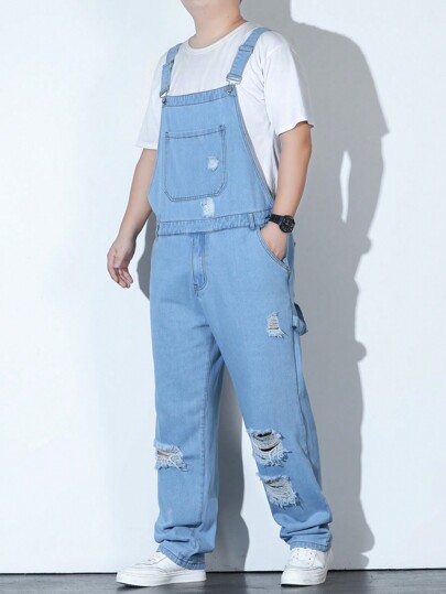 Manfinity Homme أفرول دنيم ممزق جيب مائل بدون تي شيرت رجال مقاس كبير