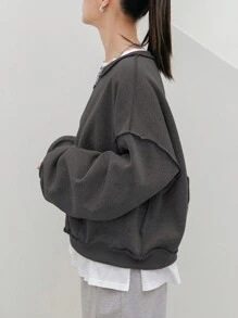 Dazy-Less Drop Shoulder Stitch Detail Pullover Without Tee,Long Sleeve Tops,Fall Clothes Sweatshirt - Dark Grey - View 4