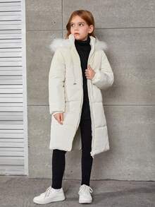 SHEIN Tween Girl 抽绳腰部毛绒装饰连帽棉服外套 - 白色 - 查看 5