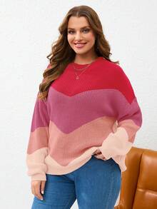 SHEIN Essnce 大碼撞色落肩袖套頭毛衣 - 粉色 - 查看 4