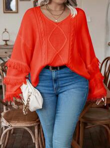 Calvaya 加绒流苏饰边落肩麻花针织套头衫秋冬毛衣 - 珊瑚橙 - 查看 3